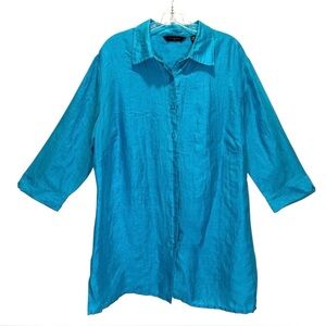 Investments Teal Crinkled Linen Button Up Tunic with 3/4 Sleeves - Size 16W